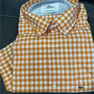New NWT Lacoste Men's Orange and White Gingham Shirt short sleeve size 44 XL